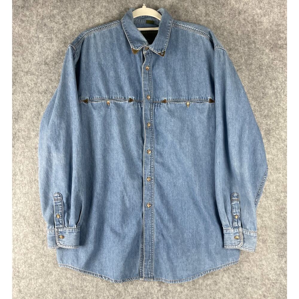 Robert‎ Comstock Western Denim Shirt Mens XL Blue Leather Trim Cowboy Rodeo